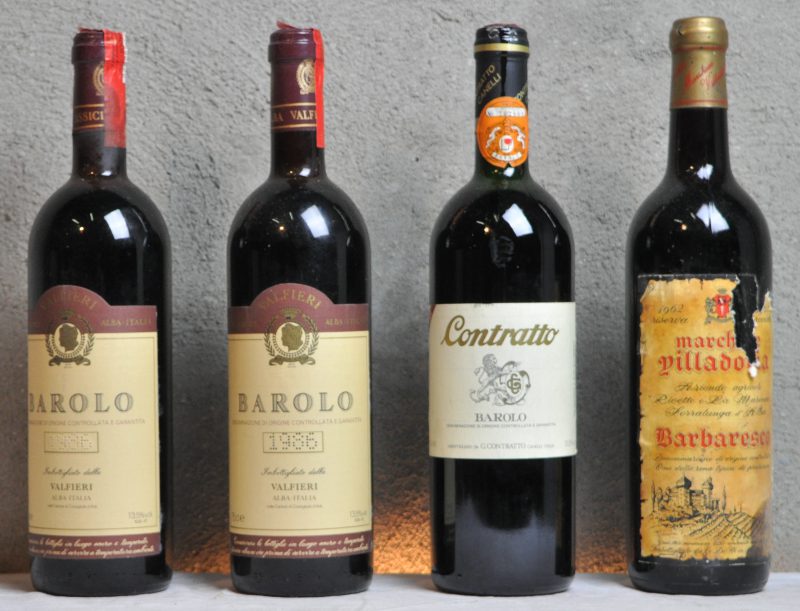 Lot rode wijn        aantal: 4 bt Barolo D.O.C.G.  Valfieri, Alba M.O.  1986  aantal: 2 bt Barolo D.O.C.G.  G. Contratto, Canelli M.O.  1988  aantal: 1 bt Barbaresco Riserva Speciale D.O.C.G.  Marchesi Villadoria, Serralunga d’Alba M.O.  1962  aantal: 1 bt