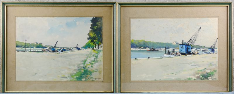 “Kanaalzichten”. Paar aquarellen. Gesigneerd, de éne “Rouen”, de andere 1920.