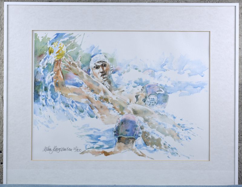 “Art in sport - Waterpolo”. Een lithografie. Gesigneerd en genummerd 38/250 buiten de plaat.