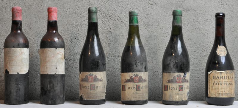 Lot rode wijn        aantal: 6 bt Barolo Riserva Speciale Cortese D.O.C.  Casa Vinicola Cortese, Canelli M.O.  1974  aantal: 1 bt Ch. Cassevert A.C. St-Emilion grand cru   M.P.  1953  aantal: 2 bt vls, vage etikettenAloxe-Corton A.C.  M. Champeval & P. Bouillon, Bordeaux-Vougeot     aantal: 3 bt