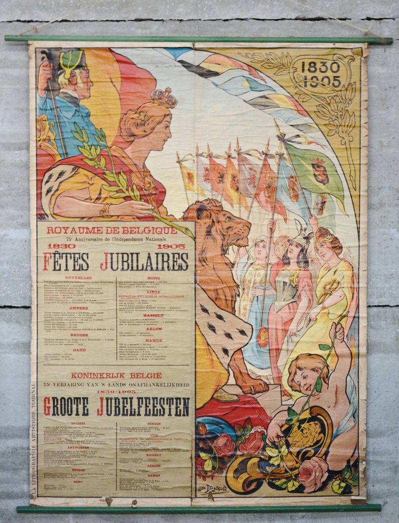 Een oude affiche naar aanleiding van de de Jubelfeesten voor het 75 jarig bestaan van België te 1905. Ontwerp van Leon Belloguet en uitgegeven door La Lithographie artistique te Doornik. Bevestigd op jutte.