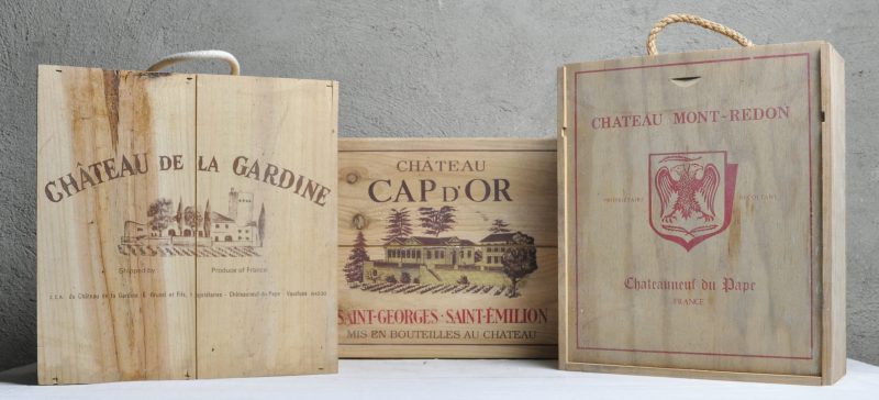 Lot rode wijn        aantal: 9 bt Ch. de la Gardine Cuvée Tradition A.C. Châteauneuf-du-Pape  G. Brunel & Fils, Châteauneuf M.O. O.K. 1999  aantal: 3 bt Ch. Mont-Redon A.C. Châteauneuf-du-Pape   M.C. O.K. 1986  aantal: 3 bt Ch. Cap d’Or A.C. St-Georges-St-Emilion   M.C. O.K. 1998  aantal: 3 bt