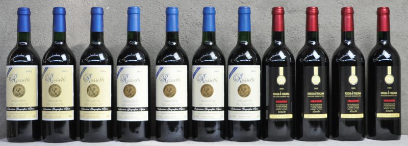 Lot rode wijn        aantal: 11 bt Primitivo del Salento I.G.T.  Les Crus Prévendus M.O.  2001  aantal: 4 bt Primitivo del Salento I.G.T.  Les Crus Prévendus M.O.  2003  aantal: 3 bt Sangiovese I.G.T. Rosso di Toscana  Les Crus Prévendus M.O.  2003  aantal: 4 bt