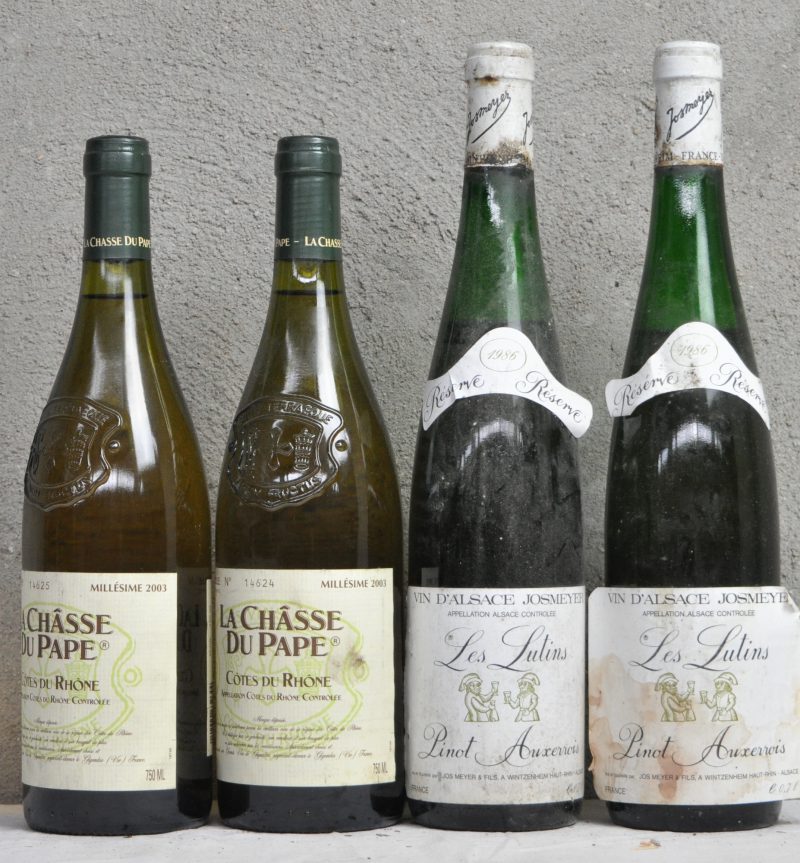 Lot witte wijn        aantal: 4 bt Pinot Auxerrois Les Lutins A.C. Alsace  Josmeyer & Fils, Wintzenheim M.O.  1986  aantal: 2 bt La Châsse du Pape A.C. Côtes du Rhône  Grands Vins de Gigondas M.O.  2003  aantal: 2 bt