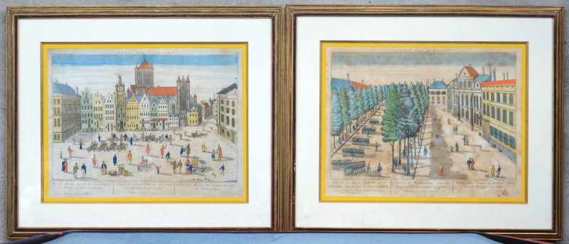 “Prospect von Gand”. Twee zichten op Gent. Ingekleurde XVIIIe eeuwse gravures.