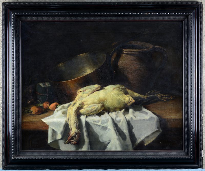 “Stilleven met kip”. Olieverf op doek. Gesigneerd en gedateerd 1877.