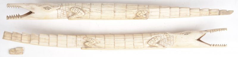 Twee gesculpteerde slagtanden, beide in de vorm van een krokodil. Congo, eerste kwart XXste eeuw. Diverse kleine letsels.