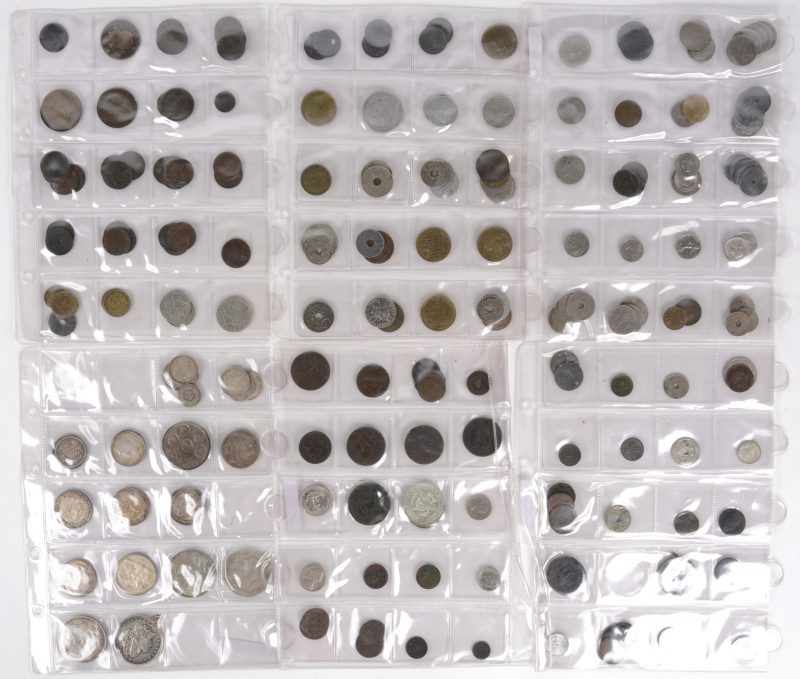 Een honderdtal oude munten, waar van enkele Belgische zilveren munten (Leopold II, 50 BEF Minerva e.d.).