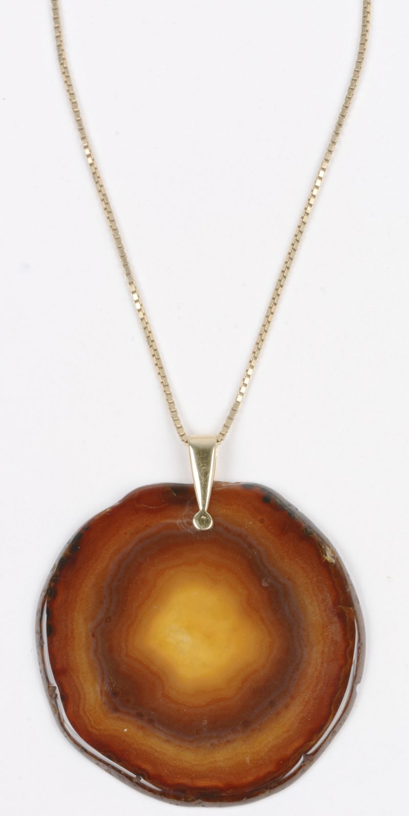 Een 18 karaats geel gouden ketting met hanger in de vorm van een boomschijf van amber.