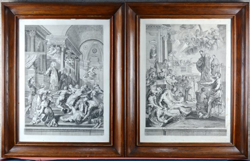 “Sint Franciscus zegent de menigte” & “Ignatius van Loyola”. Twee gravures naar werken van Rubens.