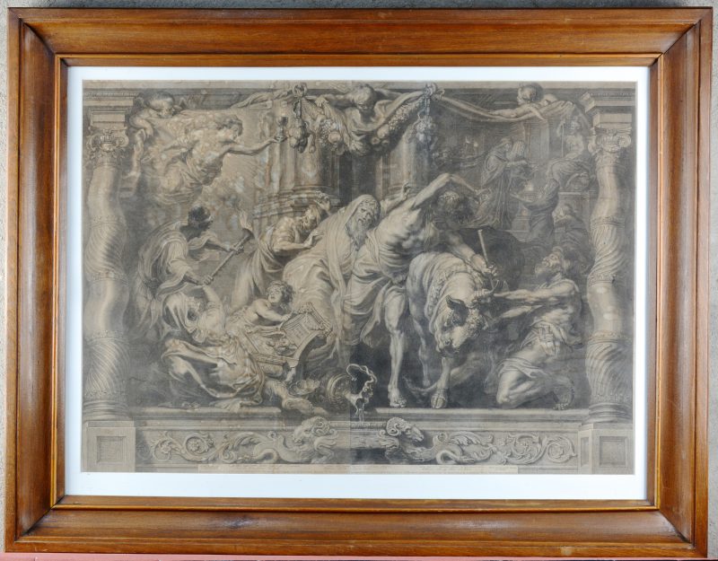 “Het kwaad van de goden”. Een gravure van Schelte Bolswert naar een werk van Peter Paul Rubens, op twee pagina’s. Lichte vochtschade.