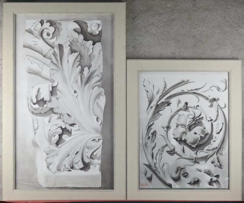 “Acanthusbladeren”. Twee grisailleschilderingen op papier. Gesigneerd.