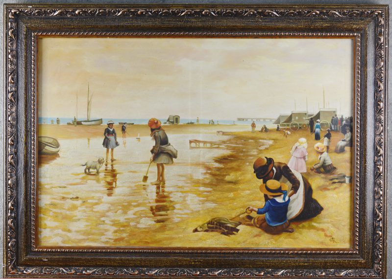 “Personages op het strand omstreeks 1900.” Olieverf op doek. Met monogram.