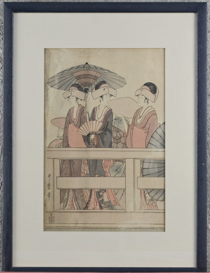 “Dames op een brug”. Een herdruk van een Japanse houtsnede van Utamaro.