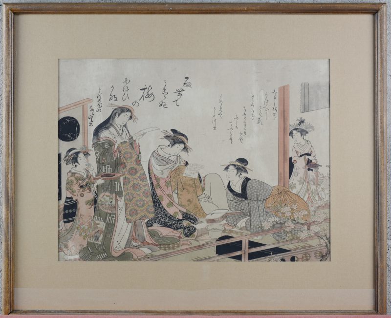 “De courtisanes Utagawa en Nanasato van het Yotsume-huis, uit de serie ‘spiegel met kaligrafische voorbeelden door prachtige nieuwe courtisanes in de Yoshiwara’. Een vroeg XXe eeuwse herdruk van een Japanse houtsnede van Kitao Masanobu.