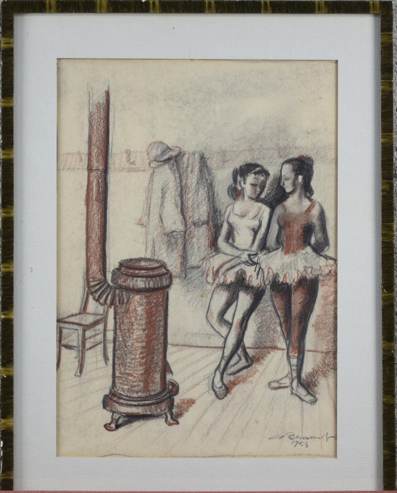 “Danseressen bij de kachel”. Pastel op papier. Gesigneerd en gedateerd 1953.
