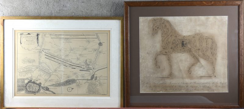 “Paard in kaligrafie”. Een ets, opgedragen aan Willem I. Bijgevoegd een herdruk van een XVIIIe eeuwse kaart van een kampement tijdens een veldslag onder Louis XIV.