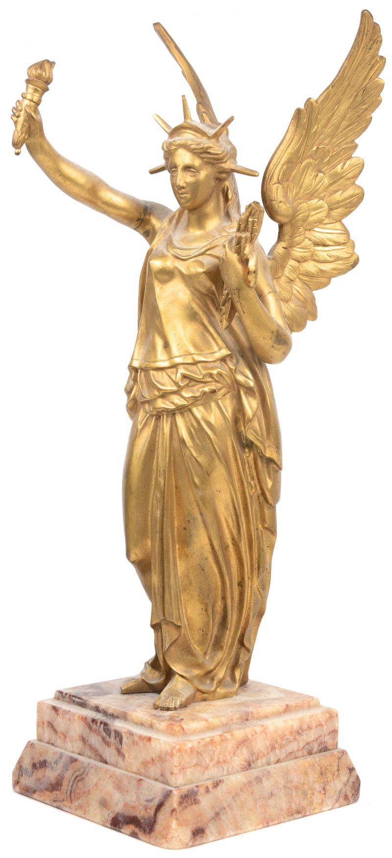 “Engel”. Een bronzen beeld op onyxen voetstuk.
