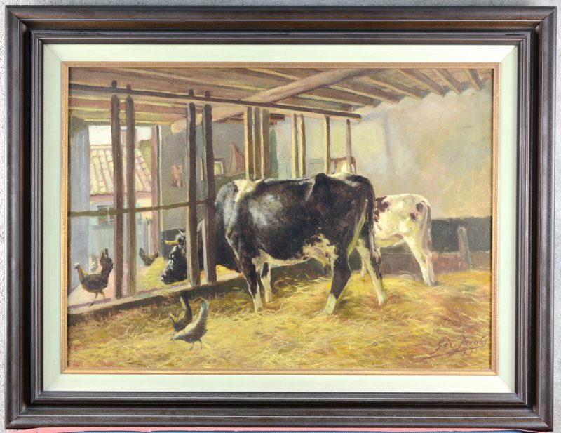 “Koeien in de stal”. Olieverf op doek. Gesigneerd en gedateerd 1892.