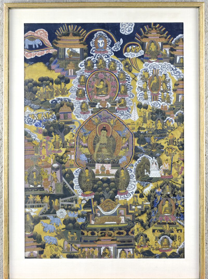 Een Indische tangka met scènes uit het leven van Boeddha. gouache op zijde