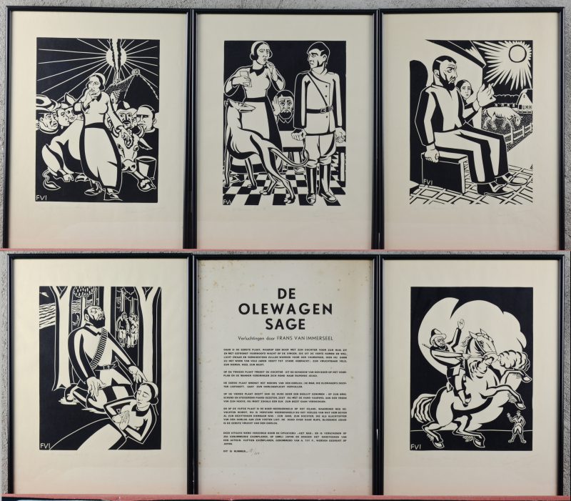 “De Olewagen Sage”. Een reeks van vijf houtsneden, genummerd 11/210, gesigneerd en gedateerd 1936 buiten de plaat, ter illustatie van een verhaal van Hans Grimm.Uitgave Het Rad.