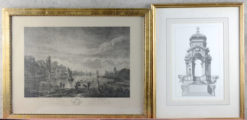 Twee gravures, bestaande uit een voorstelling van een praalboog en een zicht op Boom en de Rupel naar een werk van Vander Neer.