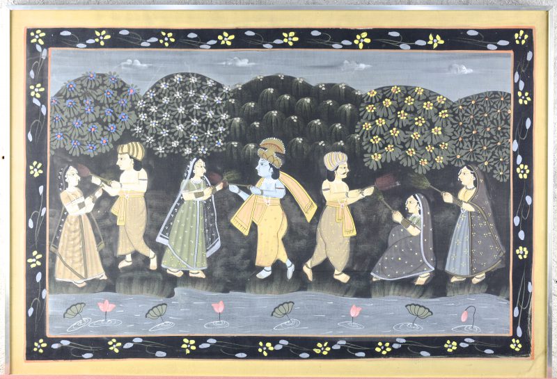 “Krishna met vrouwen”. Een gouacheschildering op zijde.
