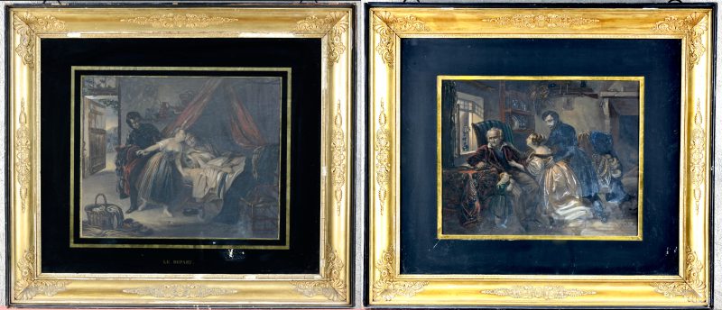 “Le départ” & “Le retour”. Twee opgehoogde XIXe eeuwse gravures. In kaders uit de tijd.