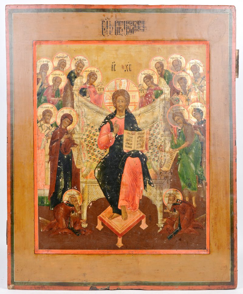 Russische icoon met Christus Pantocrator, omgeven door talrijke heiligen, Maria en de aartsengelen Michael en Gabriël. XIXe eeuw. Enige slijtage aan de beschildering.