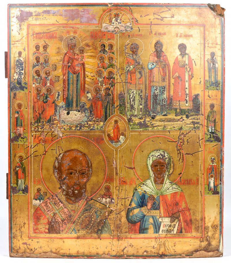 Russische icoon met vier onderverdeligen met heiligen. XIXde eeuw. Slijtage aan de beschildering en lichte randschade.