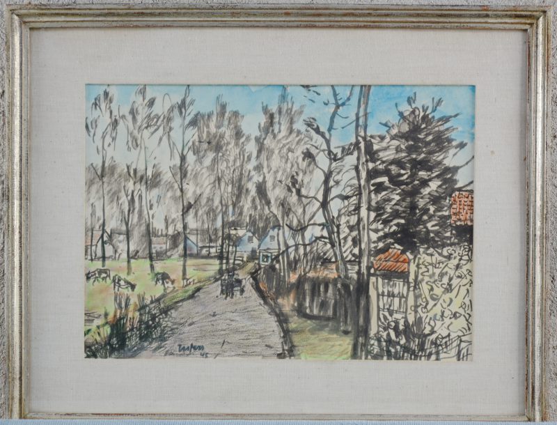 “Landschap”. Schets gehoogd met aquarel. Gesigneerd en gedateerd 1945.
