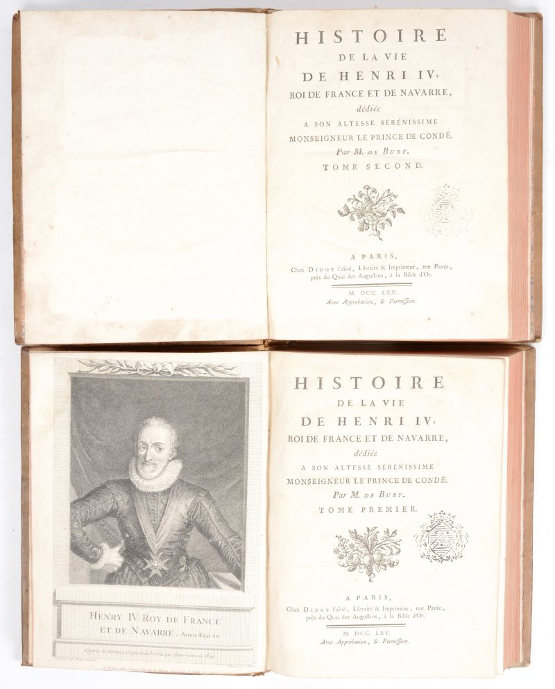 “Histoire de Henri IV”. Twee in leder gebonden delen. Parijs, 1765.