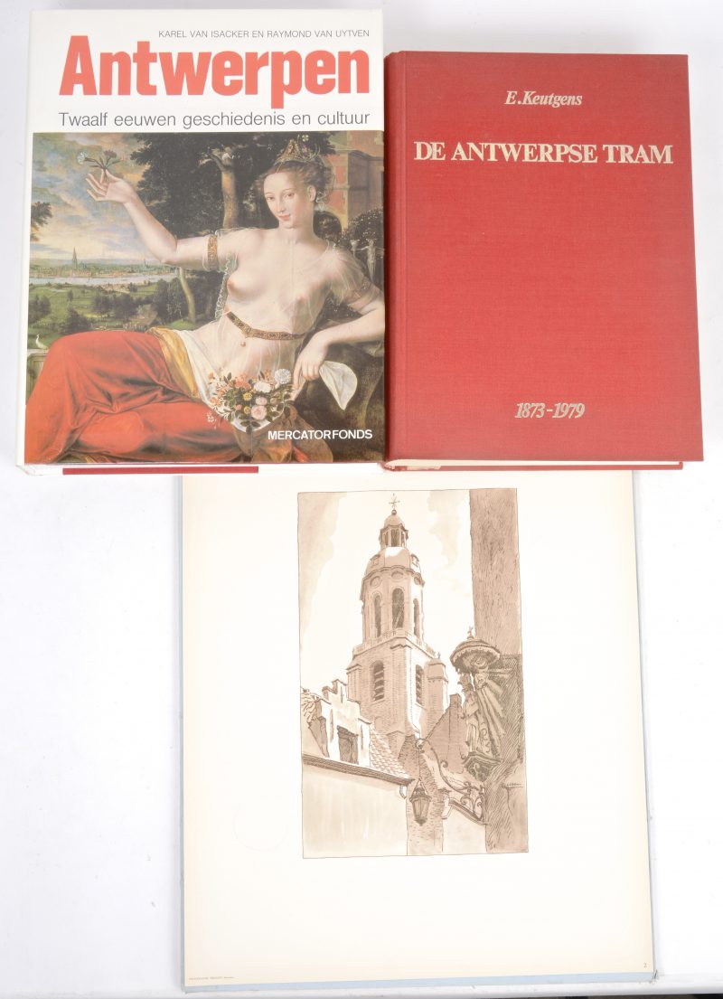 Een lot boeken en reproducties met betrekking tot Antwerpen. Waaronder ‘De Antwerpse Tram 1873 - 1979’.
