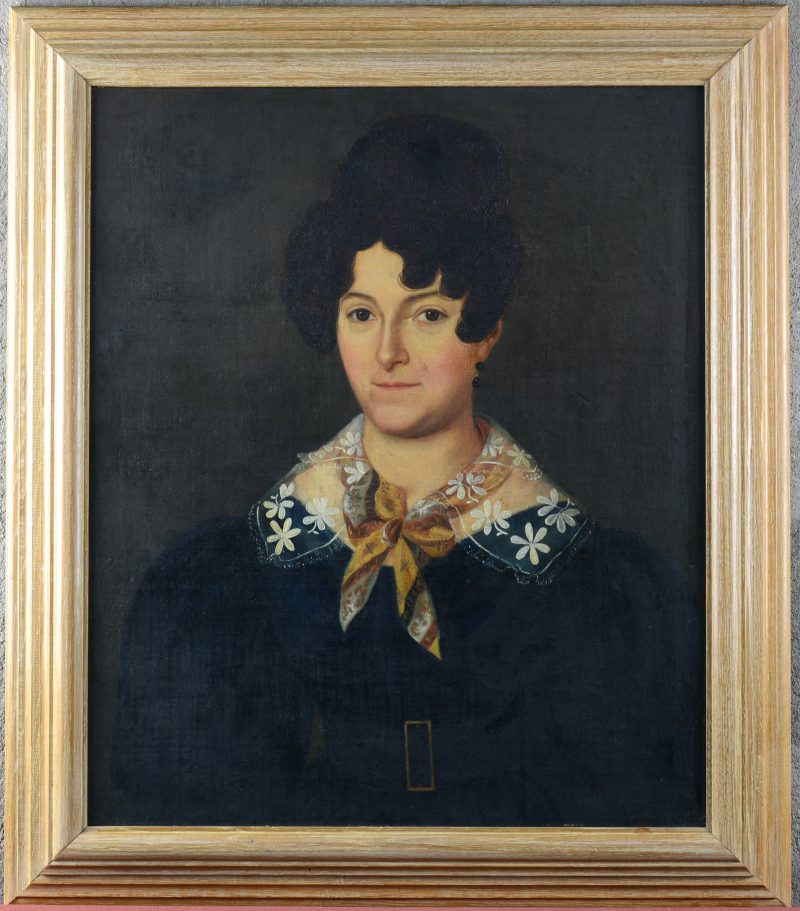 “Portret van een dame.” Olieverf op gemaroufleerd doek, op paneel. Vroeg XIXde eeuw.