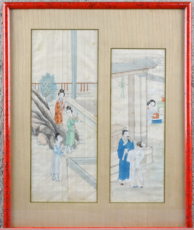 Twee Japanse tekeningen met personages op zijde. In één frame.