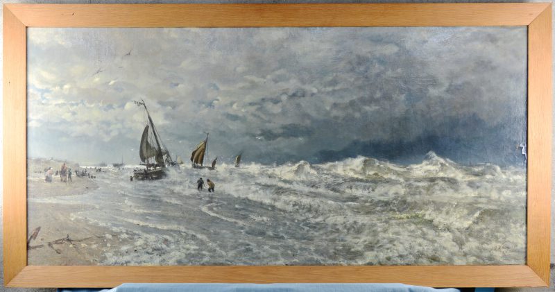“Panoramisch zeegezicht met vissersboten”. Olieverf op doek. Gesigneerd en gedateerd Rotterdam 1888.