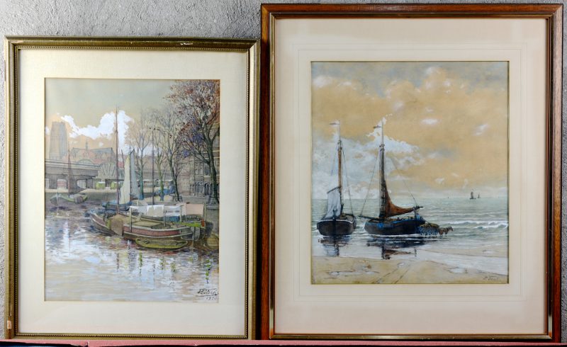 “Marine” en “Stadsgezicht”. Twee aquarellen. Gesigneerd, de éne gedateerd 1950.