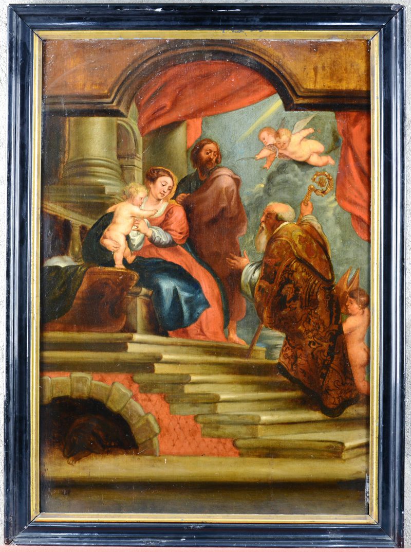 “Presentatie van Jezus in de tempel”. Olieverf op eiken paneel naar voorbeeld van een werk van Rubens. Vlaamse school, XVIIe eeuw. Collectie Baron Benoit-Adrien de Mouffarts.