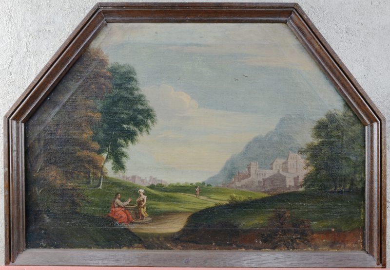 “Geanimeerd landschap”. een supraporta. Olieverf op doek. Draagt een handtekening ‘Van Ostade 1650.