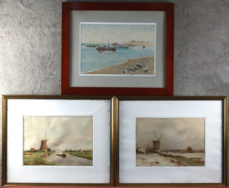 Drie diverse aquarellen met landschappen.