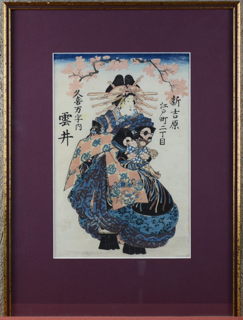 “Geisha met ritueel gewaad”. Een Japanse houtsnede. Getekend in de plaat.