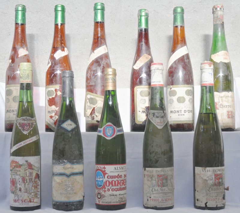 Lot witte wijn        aantal: 11 bt    Muscat Cuvée Spéciale A.C. Alsace  Léon Beyer, Eguisheim M.O.  1966  aantal: 1 bt    Réserve Henny Muscat A.C. Alsace  Preiss-Henny, Mittelwihr M.O.  1967  aantal: 1 bt    Pinot d’Alsace A.C. Alsace  Charles Jux, Colmar M.O.    aantal: 2 bt    Mont d’Or Johannisberg du Valois  Sion M.O.  1960  aantal: 5 bt Beschadigde etiketten   Tokay-Pinot Gris A.C. Alsace Cuvée des Comtes d’Eguisheim Léon Beyer, Eguisheim M.O.  1988  aantal: 1 bt    Pinot Blanc A.C.  Réserve Jules Muller & Fils, Bergheim M.O.  1998  aantal: 1 bt