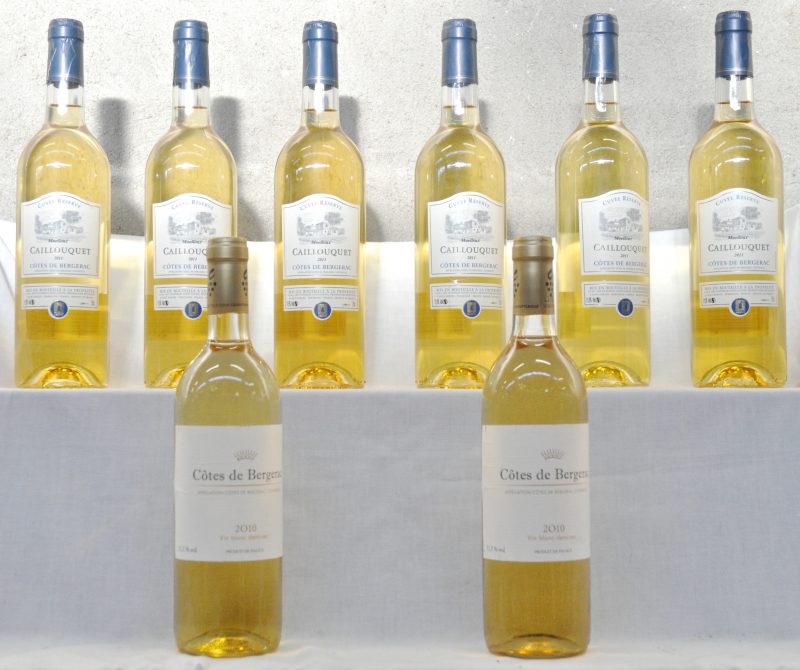 Lot witte wijn        aantal: 8 bt    Côtes de Bergerac A.C.  Cloruyt N.V. M.B.  2010  aantal: 2 bt    Caillouquet A.C. Côtes de Bergerac  Cuvée Réserve, Lafon-Lafaye, St-Nexans M.P.  2011  aantal: 6 bt