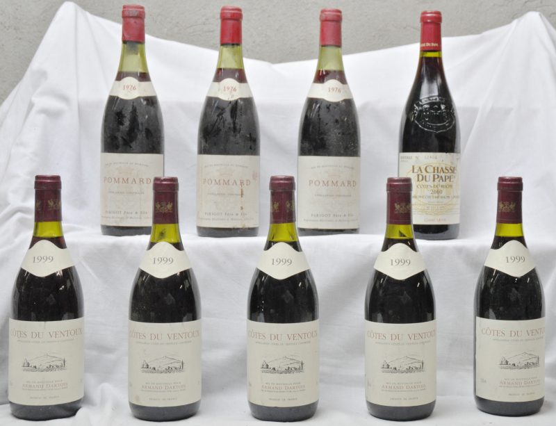 Lot rode wijn        aantal: 9 bt.    Pommard A.C.  Parigot Père & fils M.D.  1976  aantal: 3 bt.    Côtes du Ventoux A.C.  Armand Dartois M.O.  1999  aantal: 5 bt.    La Chasse du Pape A.C. Côtes du Rhône  Gabriel Meffré M.O.  2000  aantal: 1 bt.
