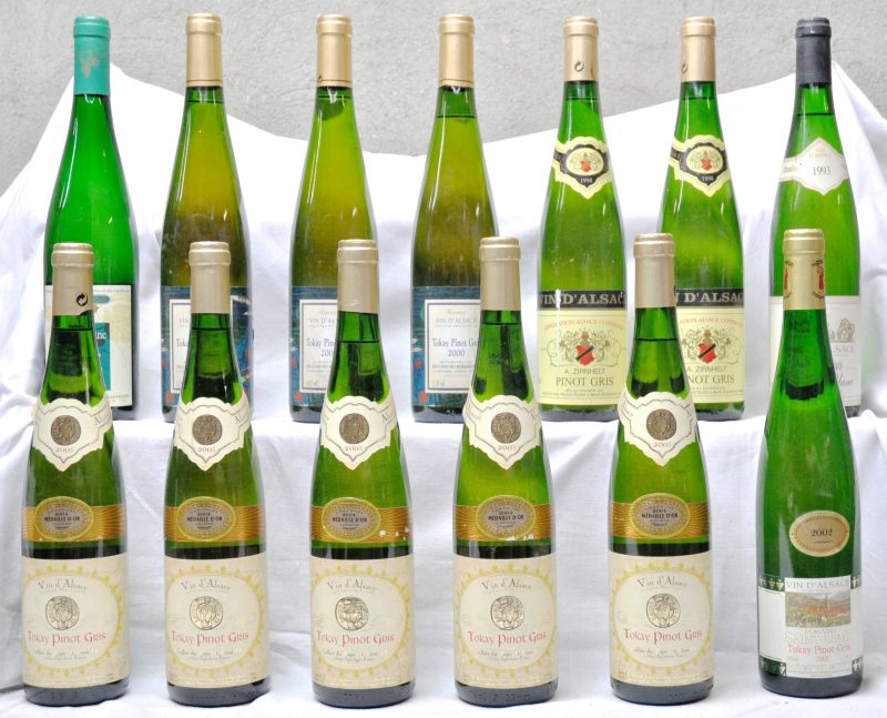 Lot witte wijn         aantal: 13 bt.    Pinot Blanc A.C.  Kuehn, Ammerschwihr, Haut-Rhin M.O.   1993  aantal: 1 bt.    Pinot Gris A.C. Alsace  A. Zirnhelt M.O.   1998  aantal: 2 bt.    Tokay Pinot Gris A.C. Alsace  Les Caves du Roesselstein, Turckheim, Haut-Rhin M.O.   2000  aantal: 3 bt.    Tokay Pinot Gris A.C. Alsace  Domaine Saint-Remy M.P.   2002  aantal: 1 bt.    Tokay Pinot Gris A.C. Alsace  Cellier du Pape St-Léon, Eguisheim M.O.   2003  aantal: 5 bt.    Pinot Blanc A.C. Moselle Luxembourgeoise Grand Premier Cru Domaine Cep d’Or, Stadtbredimus, Luxembourg M.D.   2007  aantal: 1 bt.