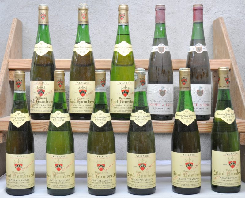 Lot witte wijn A.C. Alsace       aantal: 11 bt    Domaines du Château de Riquewihr Riesling A.C. Alsace  Dopff & Irion M.D.  1973  aantal: 2 bt    Domaine Zind Humbrecht Gewurtztraminer A.C. Alsace   M.D.  1981  aantal: 9 bt