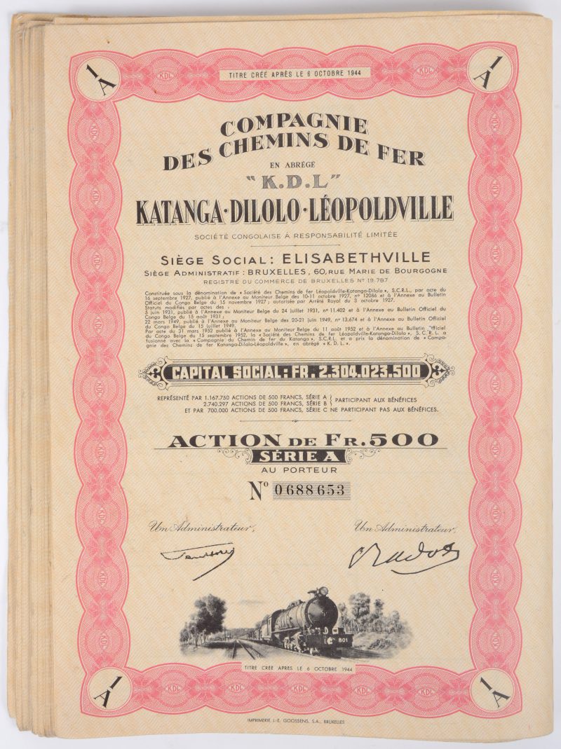 Een lot oude obligaties van de “Compagnie des Chemins de Fer Katanga-Dilolo-Léopoldville.