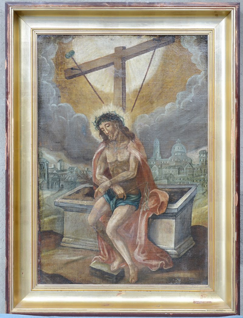 “Verrezen Christus”. Olieverf op doek. Vlaamse school, XVIIe eeuw. Herdoekt en licht gerestaureerd.