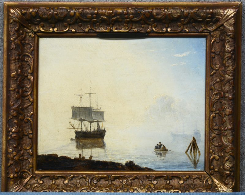 “Marine”. Olieverf op paneel. Gesigneerd en gedateerd 1854.