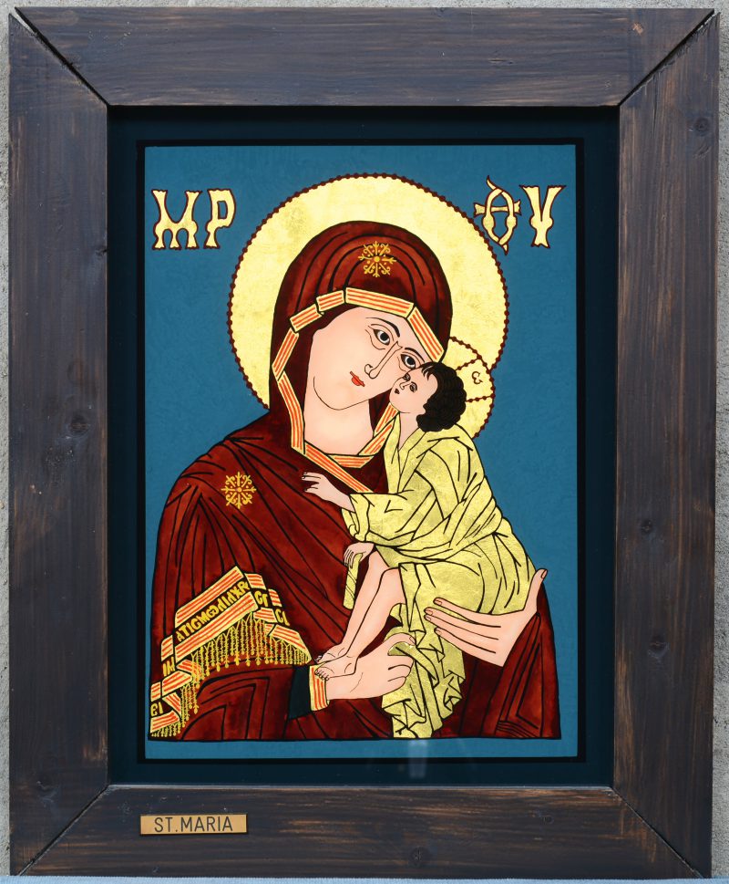 “Moede gods van de tederheid”. Een achterglasschildering met bladgoud, naar voorbeeld van een Russisch icoon.